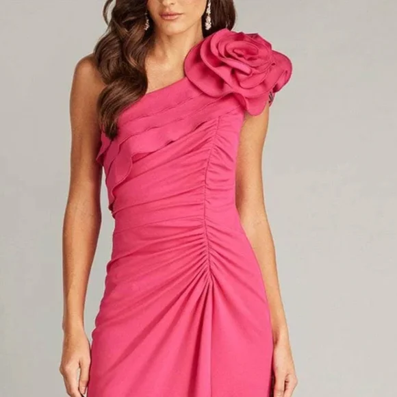 Tadashi Shoji BOS24101MD - Pike Draped Rosette Shoulder Sheath Dress NWT